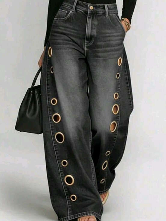 Denim - Wide Leg Black Jeans with Gold Eyelet Detail